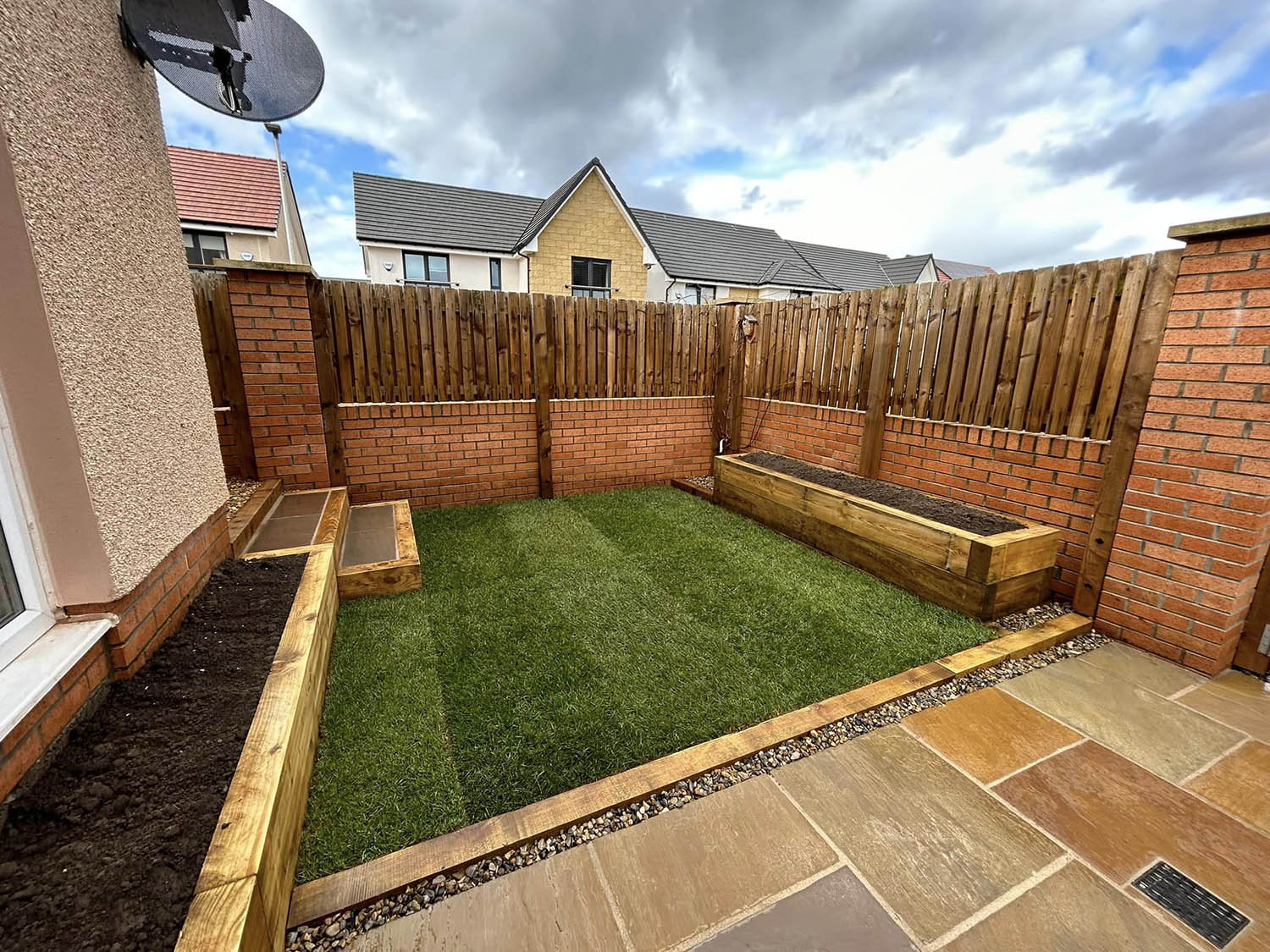 Garden sleepers with artificial grass area