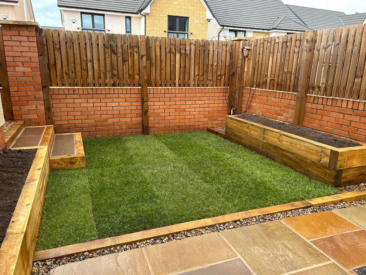 Garden sleepers with artificial grass area